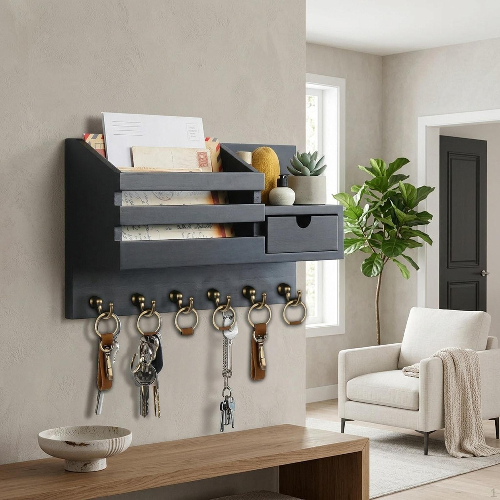 

Holder for Wall Mounting with Letter Tray And Shelf, Hooks Hanging Keys Accessories, чёрный