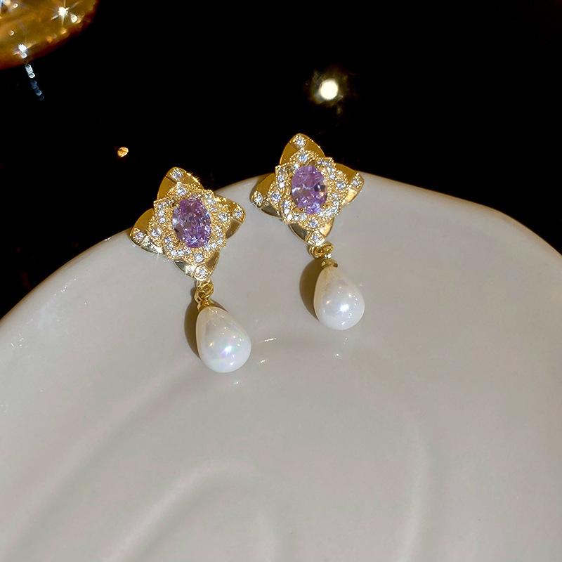 Super Flash Diamond Purple Flower Pearl Stud Earrings French Earrings