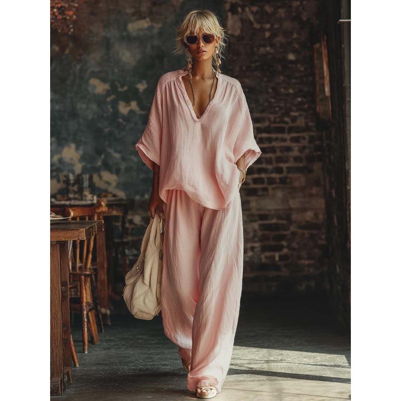 

TIFICY Women s Fashion Casual Summer Spring Solid Color Print 1/2 Sleeves V-Neck Trousers Pants Suits S розовый