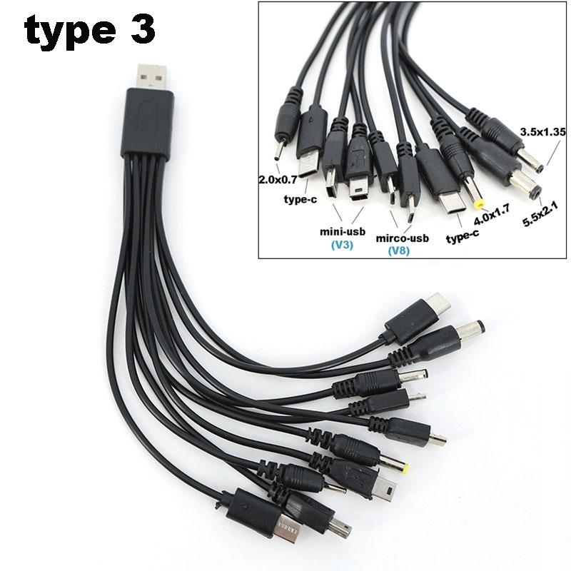 1 USB male to 5 way 10 way type c DC 5.5x2.1mm 2.0x0.7mm male 5P V3 V8 mirco usb male power charging spring cable 10 in1 charger