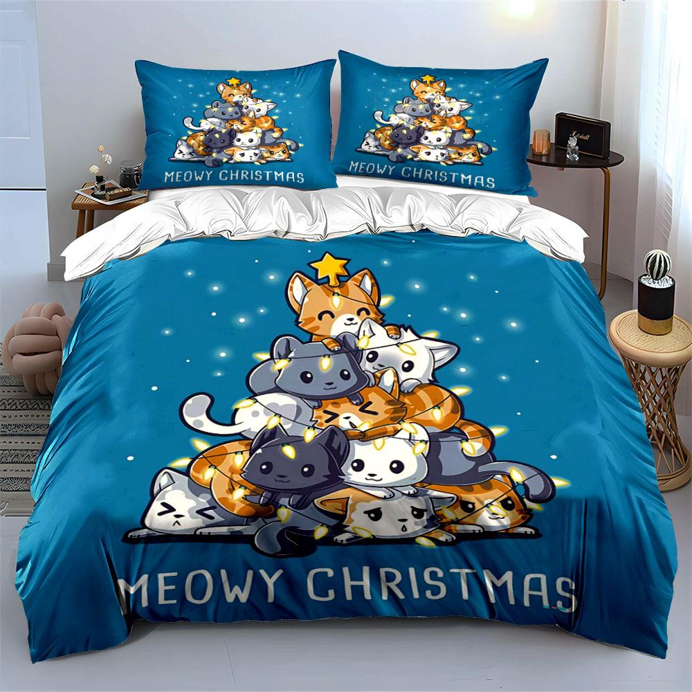 Christmas Cat Tree Pattern Bedding Duvet Cover Set Duvet Cover Pillowcases  (1*Duvet Cover 2*Pillowcases, Without Duvet Insert)