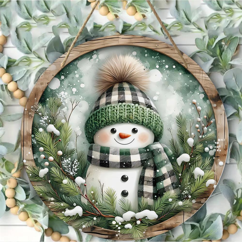 Rustic Farmhouse Snowman Print Round Wooden Hanging Plaque Winter Pine Wreath Wall Decor Front Door Hanging Sign Indoor Outdoor Holiday Decoration