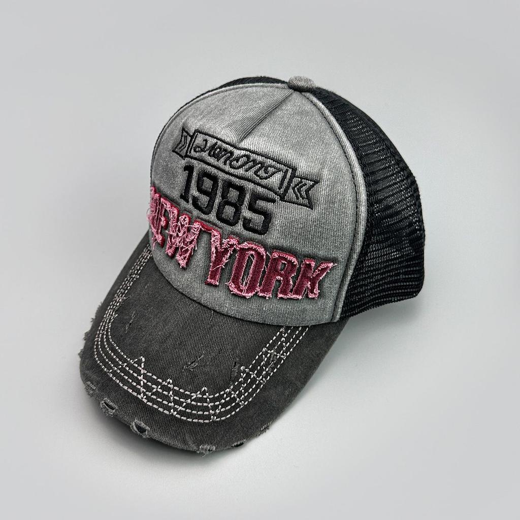 Street Hole Wind Embroidery Letter Baseball Cap Men's and Women's Sunshade Mesh Eye Color Matching Personalized Hat Vintage Washed Mesh Baseball Cap