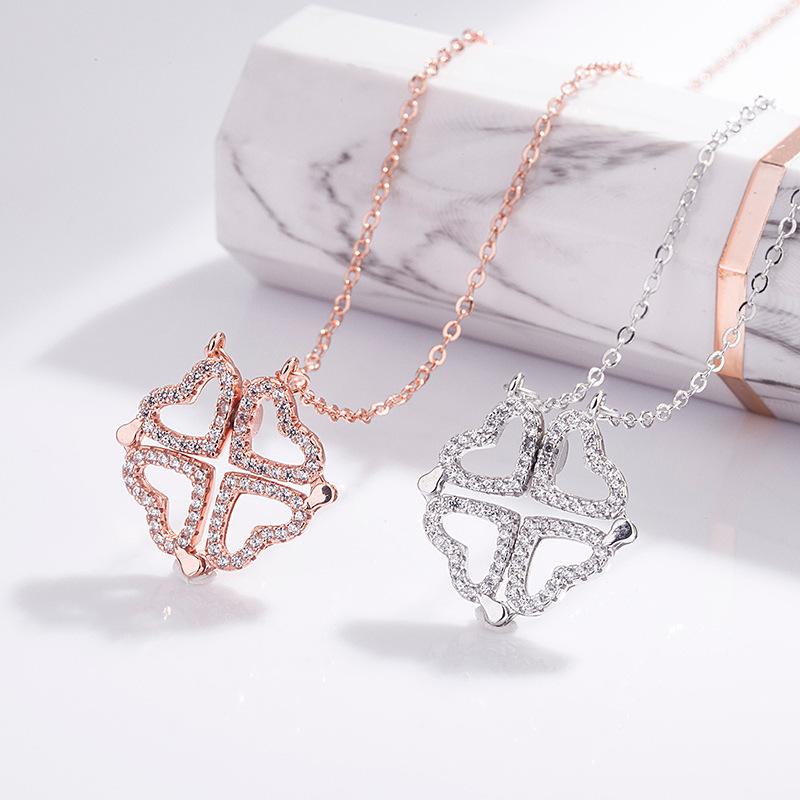 A Woman Wearing Four-leaf Clover Necklace, Lucky Four-leaf Clover Pendant, Collarbone Chain, Sweater Chain, Neck Chain