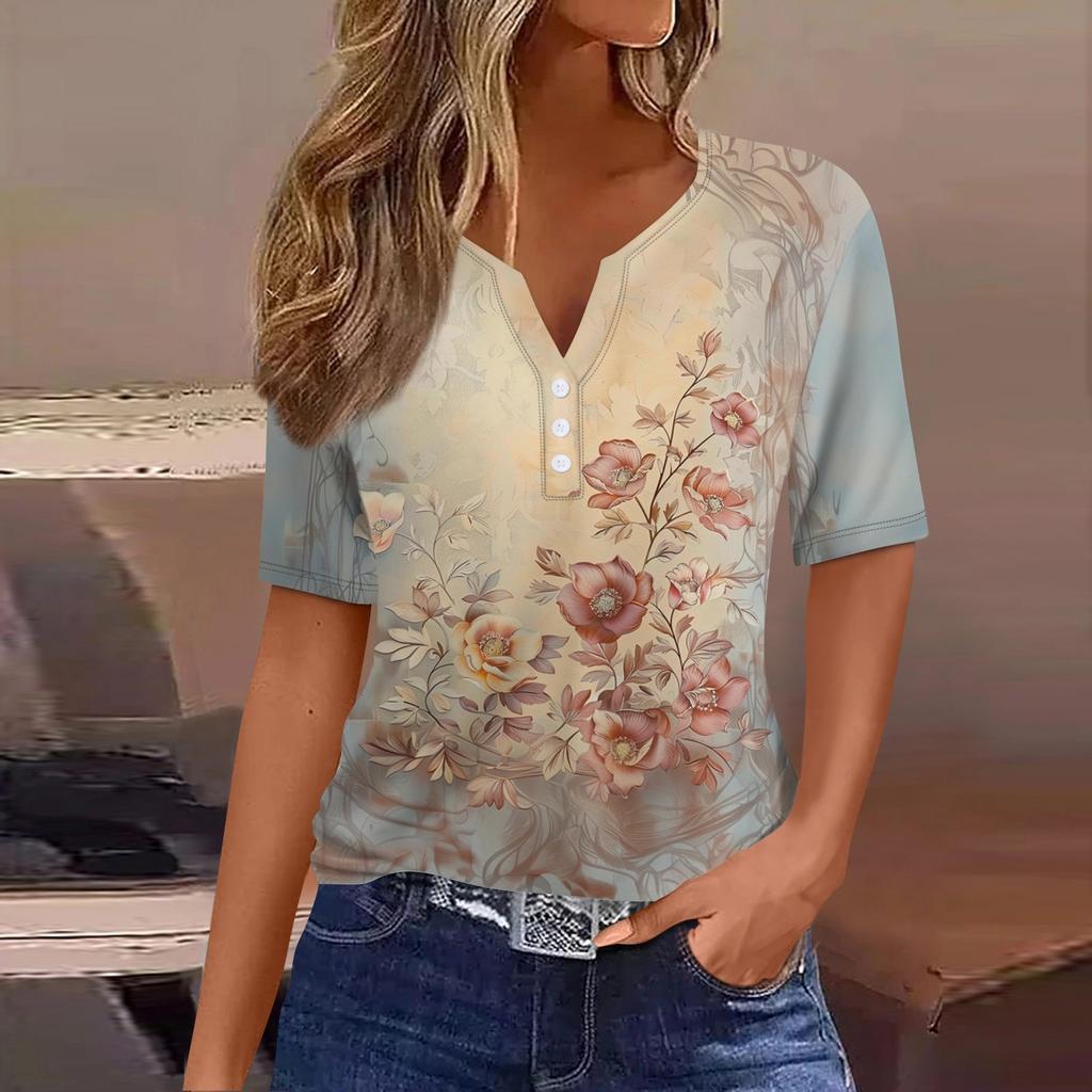 Women's T Shirt Tee Print Button Short Sleeve Daily Weekend Fashion Basic V- Neck Regular Top