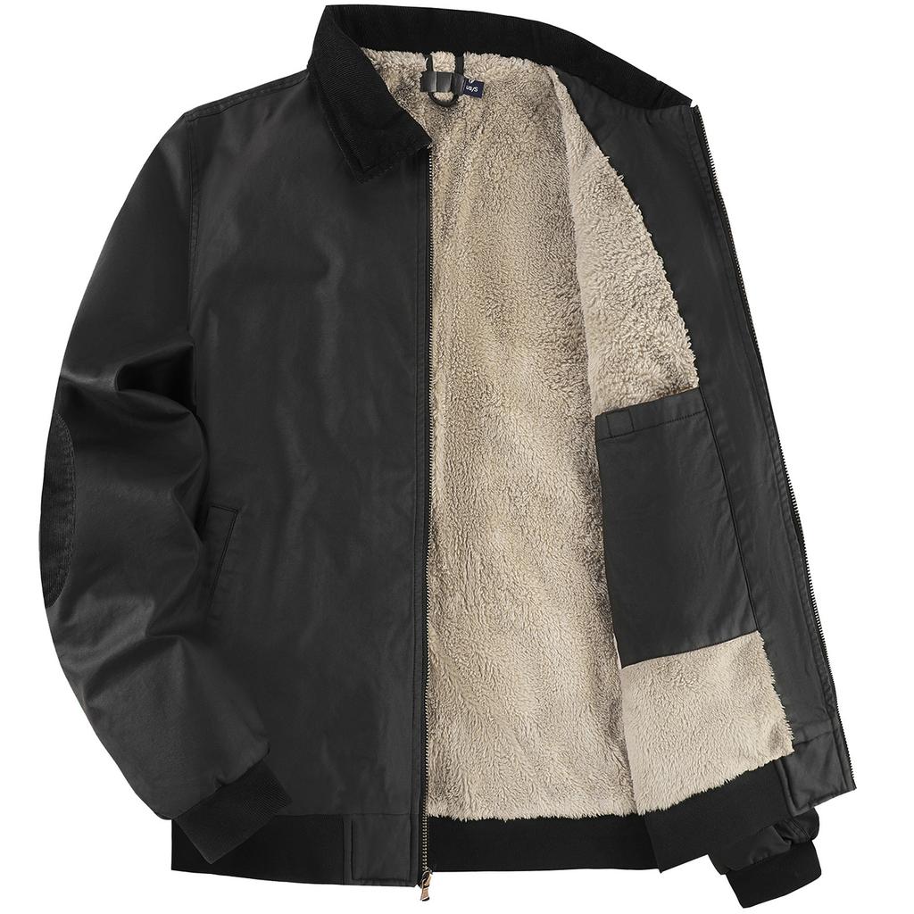 Men's Solid Color Zipper Pocket Work Jacket Men's Casual Trucker Fleece Jacket