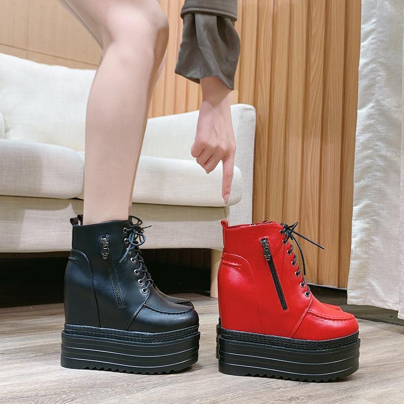 Super High Heel 14cm Genuine Leather Platform Wedge Hidden Heel Women Casual Shoes Chunky Sneakers High Heels Spring Autumn