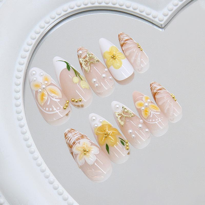 Three-dimensional milk yellow French pearl golden bean butterfly lily of the valley wild temperament ins wind removable wearing armor 24 pieces