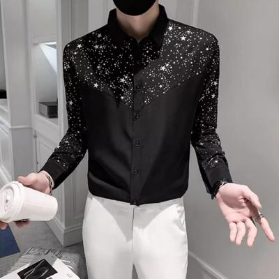 Men Shirt Sequin Star Color Matching Long Sleeve Single-breasted Patchwork Slim Fit Cardigan Turn-down Collar Soft Breathable Mid Length Men Top