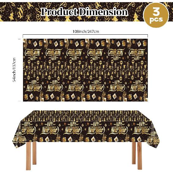 3Pcs Happy New Year Tablecloths,Black and Gold Table Covers Disposable Plastic Waterproof Tables Cover for 2026 New Year Table Supplies