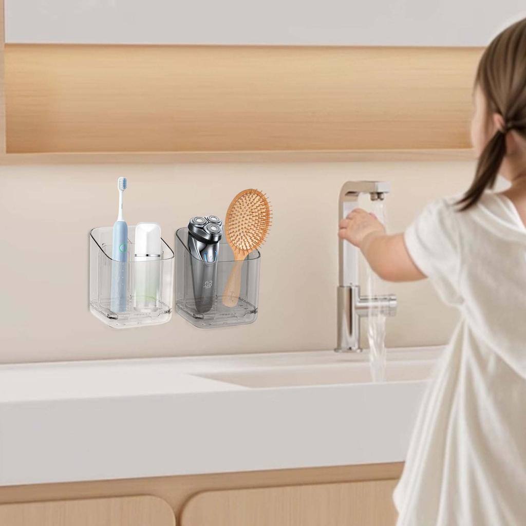 Toothbrush Holder With Tray, Wall Mounted, Non Perforated Bathroom Storage Rack, Toothpaste Storage