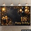 2D plochý banner na oslavu 18. narozenin, s černým a zlatým motivem, obsahující nápisy „18“ a „Všechno nejlepší k narozeninám“