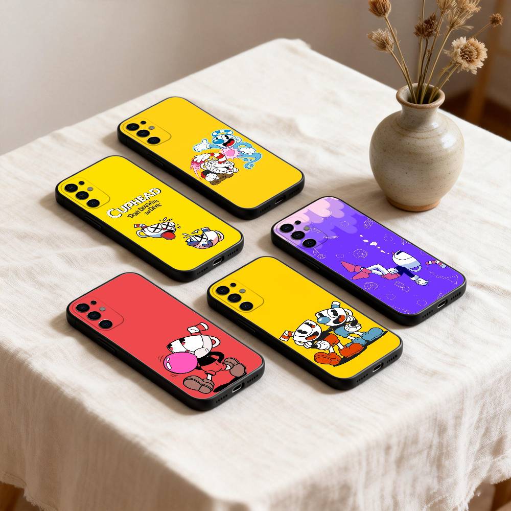Cute CupHead And MugMan Phone Case For Samsung S26,25,24,21,22,23,30,20,Ultra,Plus,Fe,Lite Black Soft Cover