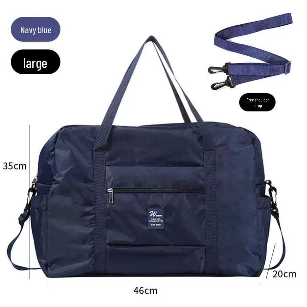 Compact travel bag: suitcase-compatible, hand-held, features an external pocket, handle slip-over design, with matching accessory bag.