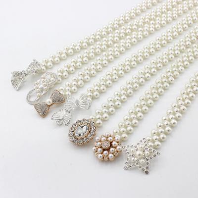 Dámský pásový řetízek s kamínky a perlami, dekorativní elastický pásek na šaty, dámské sladké květinové elastické těsnění pasu