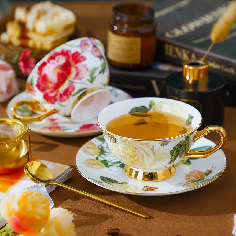 Euro Style Bone China Afternoon Tea Saucer Set Ceramic Rose Flower Tea Coffee Cup for Home Kitchen Wedding