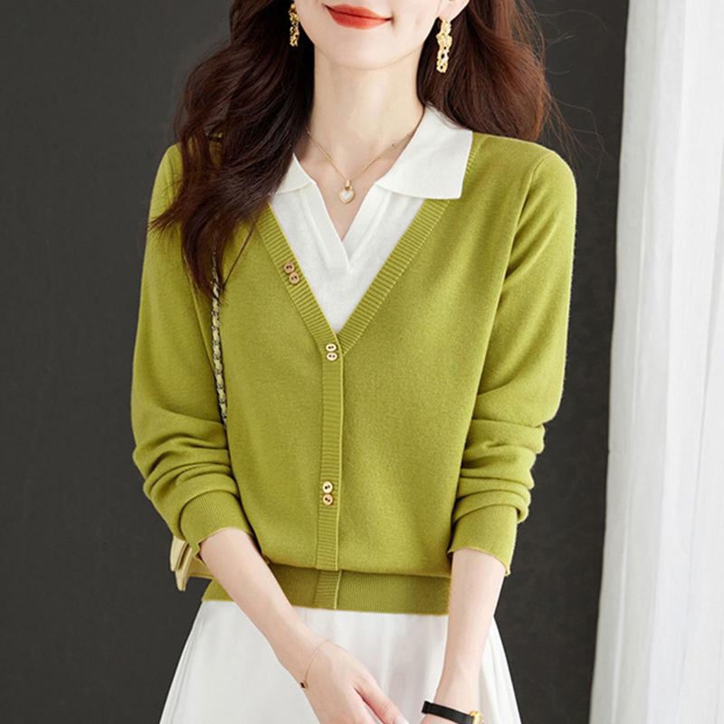 

Поддельный свитер из двух частей с длинными рукавами, осенний наряд для мам, трикотажный свитер с воротником-поло, женский свитер с лацканами, базовая рубашка One Size