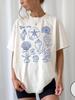 Blue Printed Marine Life Pattern Short-sleeved T-shirt Casual and Versatile Style Suitable for Women's Daily and Outing Wear