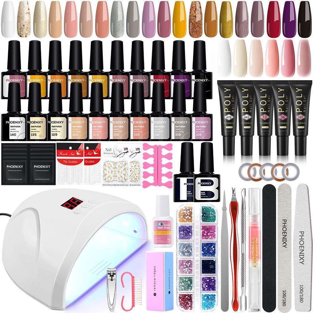 PHOENIXY Gel Nail Polish Varnish Kit with 36W Nail Dryer Lamp Poly Extension Gel Nail Art Manicure Tools Soak-off UV LED Gel Set
