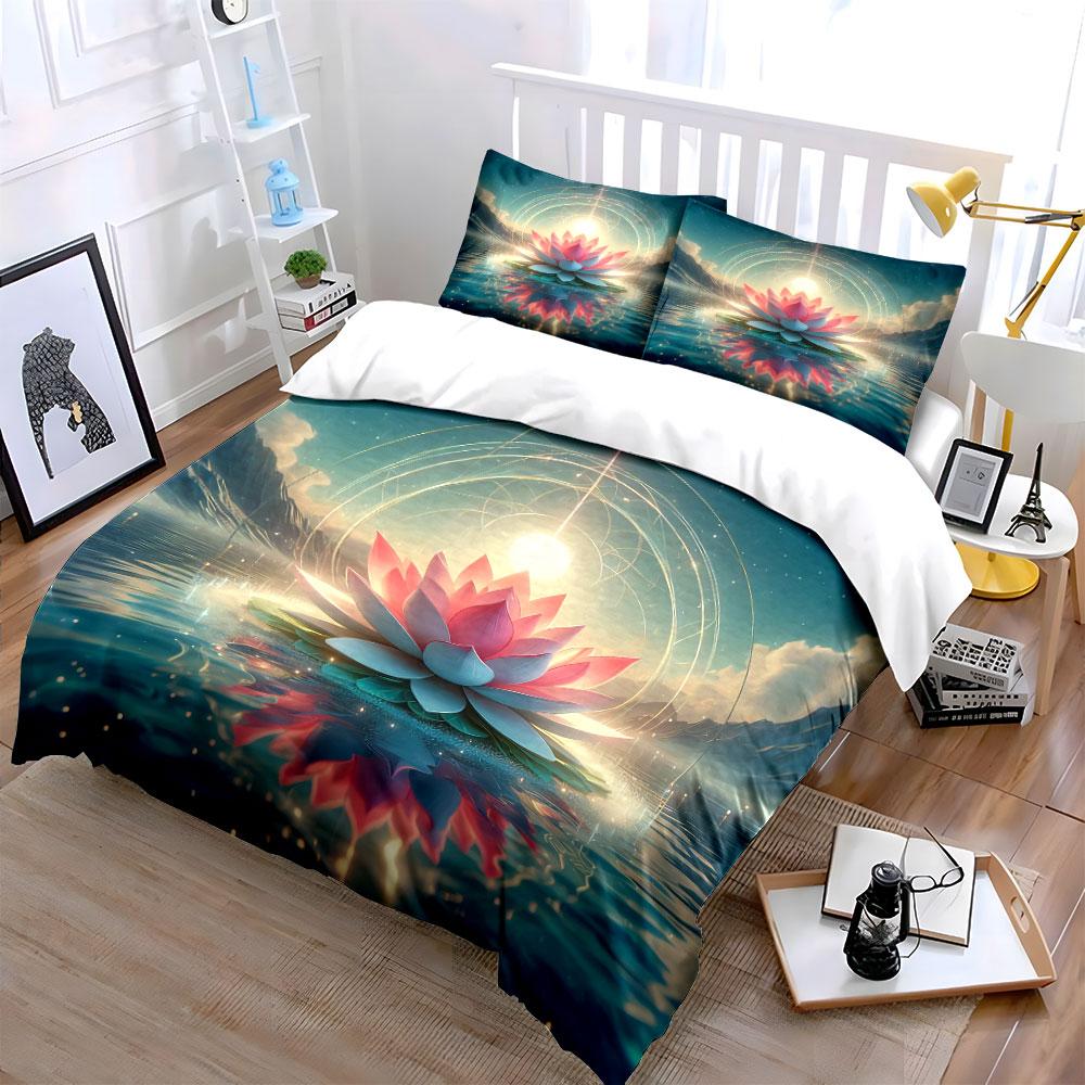 Lotus Flower Spiritual Decor Set Bedding Set with 1 Duvet Cover 2 Pillowcases Single Double King Queen, Gift
