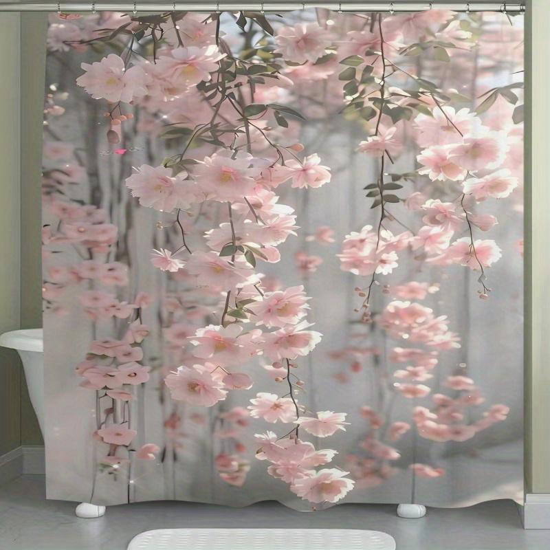 Pink Cherry Blossom Shower Curtain Hanging Flowers Spring Art Elegant Bathroom Decor Waterproof Printed Bath Curtain Home
