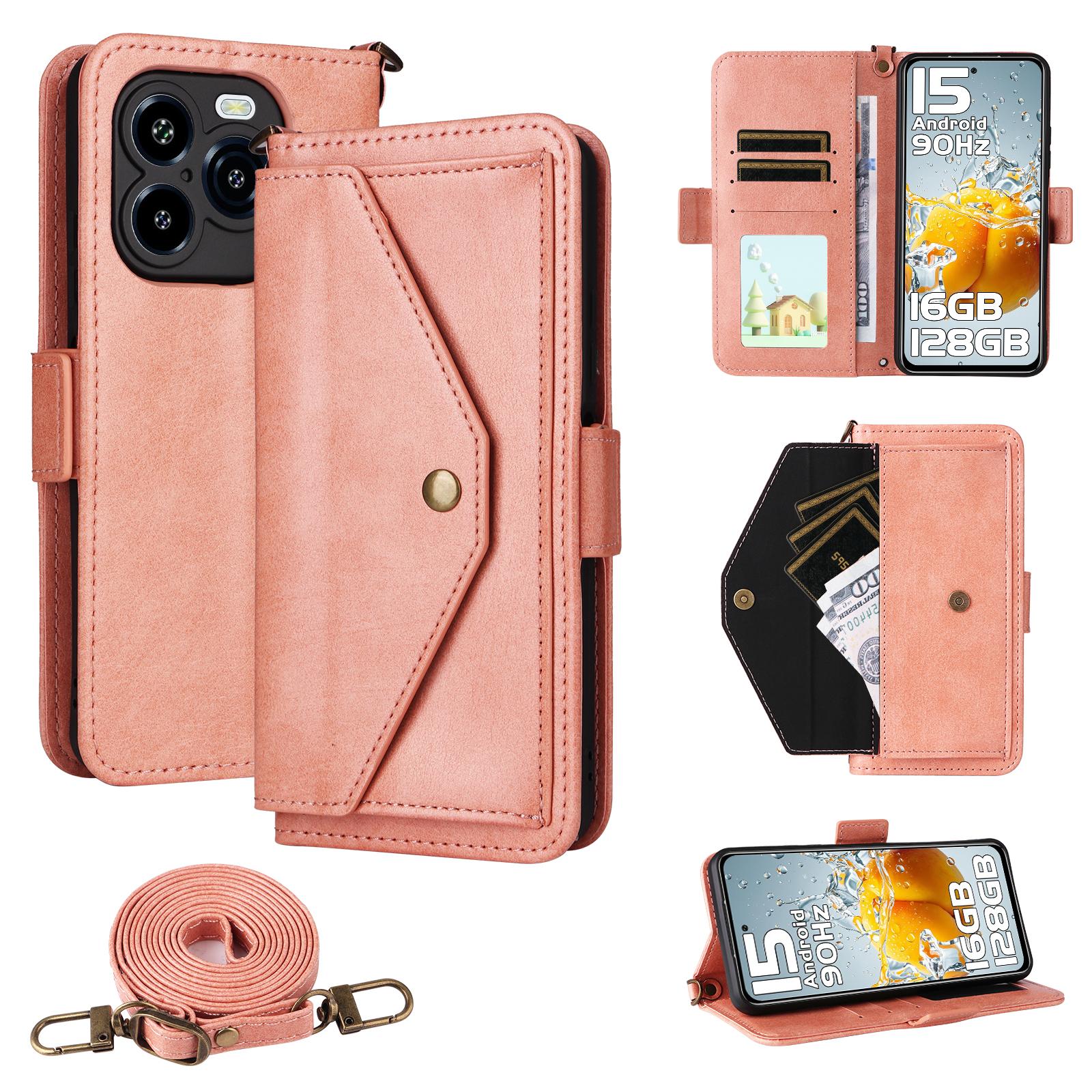 

For Oukitel C65 Pro/C65 Leather Case Magnetic Closure Wallet Stand Phone Cover with Crossbody Strap Pink