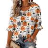 Women's Halloween Print Round Neck Tie Front Ruffle Three-Quarter Sleeve Blouse for Festive Party Wear