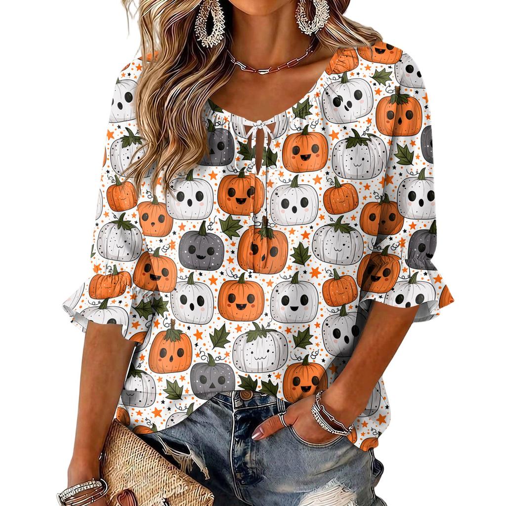 Women's Halloween Print Round Neck Tie Front Ruffle Three-Quarter Sleeve Blouse for Festive Party Wear