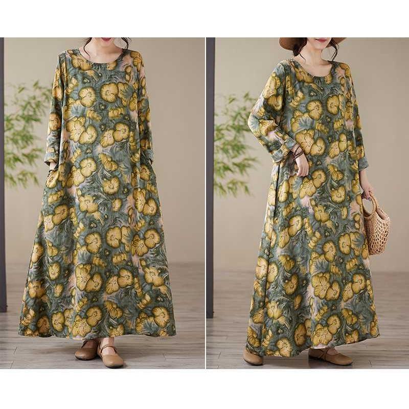 Loose Printed Round Neck Long Sleeve Dress Women's Long Dresses