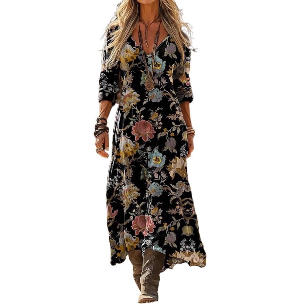 Damen Retro Blumenmuster Langarmkleid - Europäischer & Amerikanischer Stil