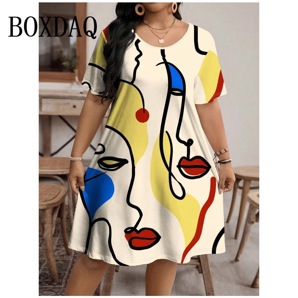 Fashion Women Dress Painted Art Face Streetwear Pattern Print Summer Dress Casual Short Sleeve Loose Dresses Plus Size