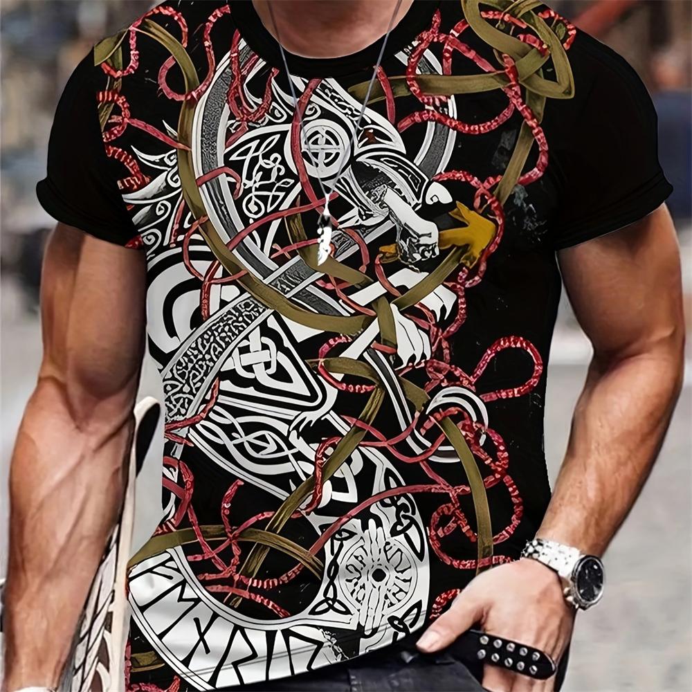 Styl 3D digitální animace Vzorec řvoucího draka Kulatý výstřih Krátký rukáv Módní Cool Pánské Letní Streetwear Topy