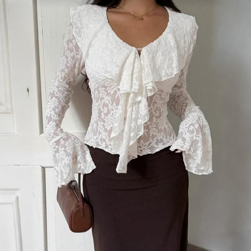 Womens White Lace Blouse With Ruffled Trim Bell Sleeves Slim Fit Office Wear 2025