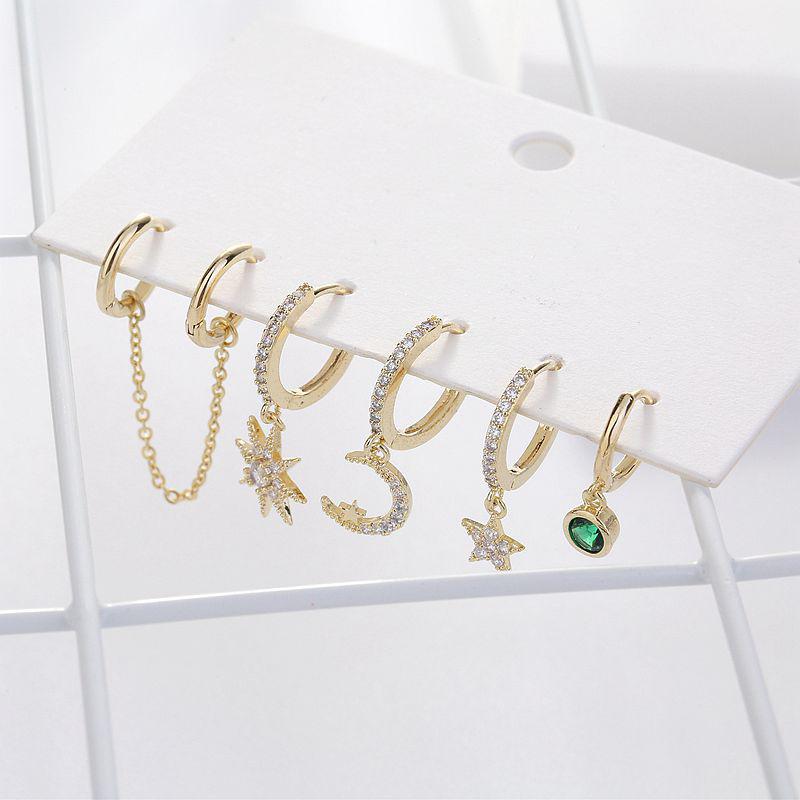 ANENJERY Silver Color 5-piece Earrings Sets Mosaic Cubic Zircon Moon Star Double Ear Hole Hoop Earrings Sets For Women