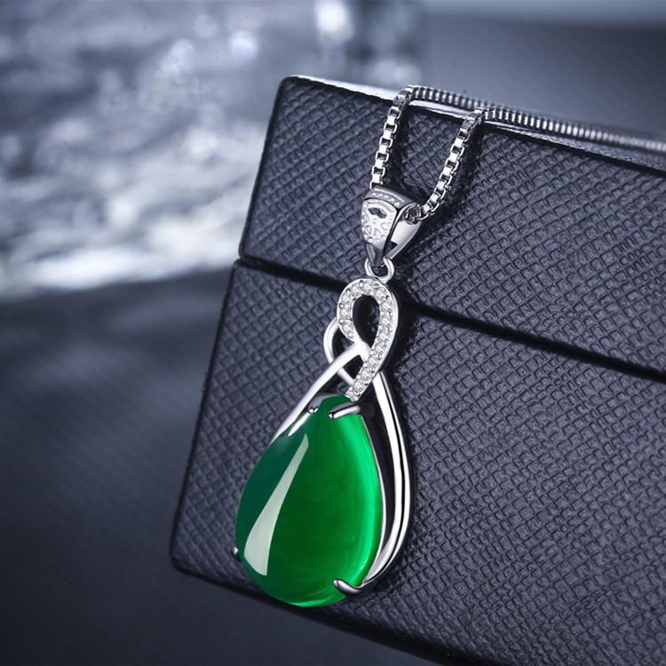 925 Silver-Plated Green Agate Pendant Necklace for Women