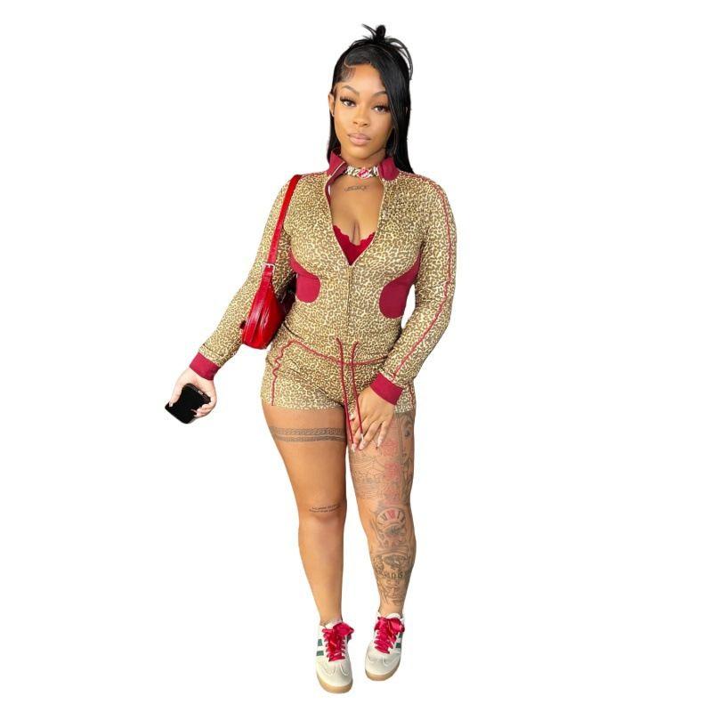 

Fall and Winter New Arrival Leopard Print Print Shorts Suit Mz88651 Fashion Long Sleeves Stretch Suit Red XXL