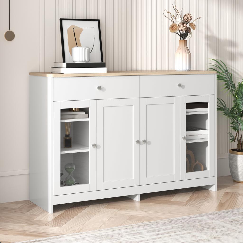Sideboard with White Wood Grain, Four Doors, with Two Drawers, Door with Glass. Living Room, Dining Room. Wood Color and White