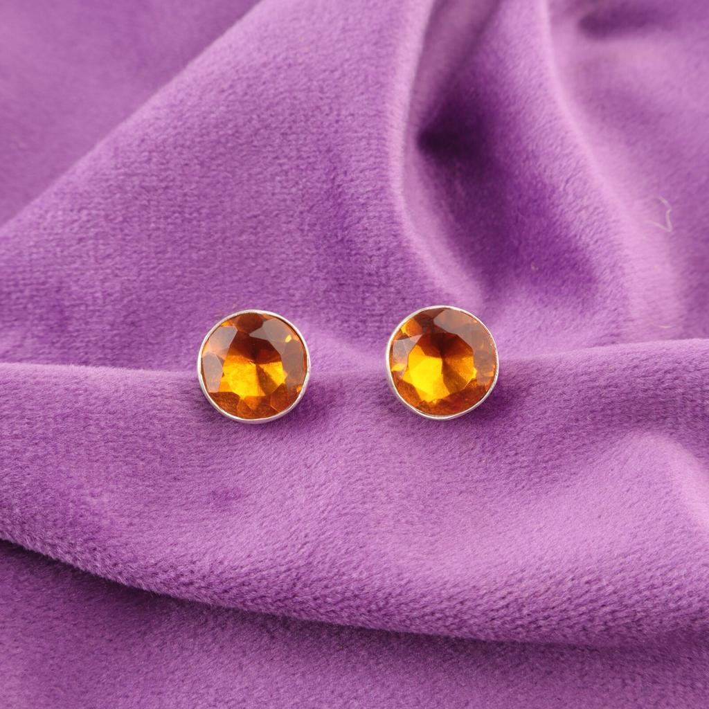 Rund Citrin Edelsten Trendy Stiftpost Håndlaget Nye Øredobber Smykker 925 Sølv EE-150-2