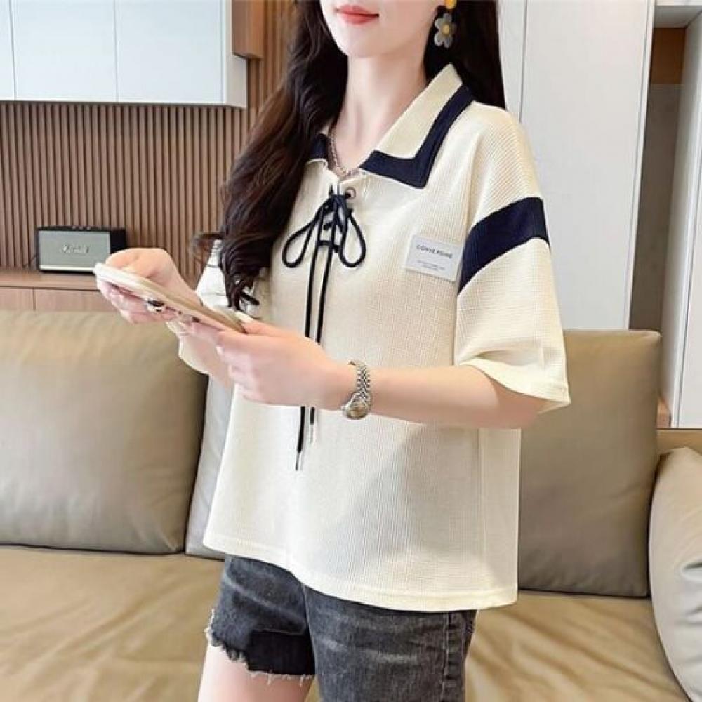 Navava Women Bicolor Lace Up Collar ShorT Sleeve T shirT nT2490