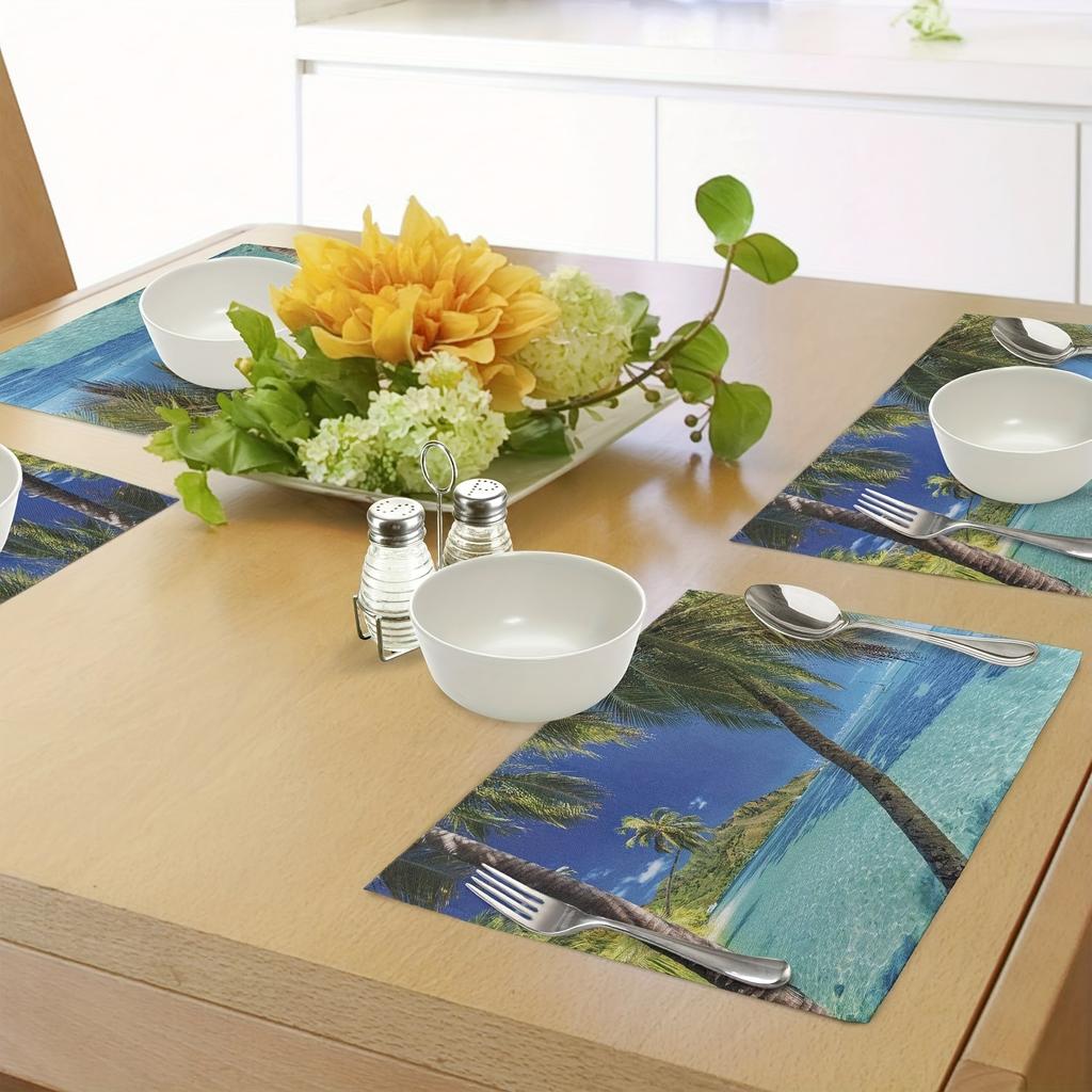 4pcs Tropical Beach Palm Tree Placemats Dining Table Decor Ocean Scene Kitchen Mat  For Home & Restaurant Outdoor Party Decor