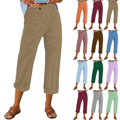 Pantalon Décontracté pour Femme en Mélange Coton-Lin Coupe Ample Taille Haute -Couleur Jambe Droite