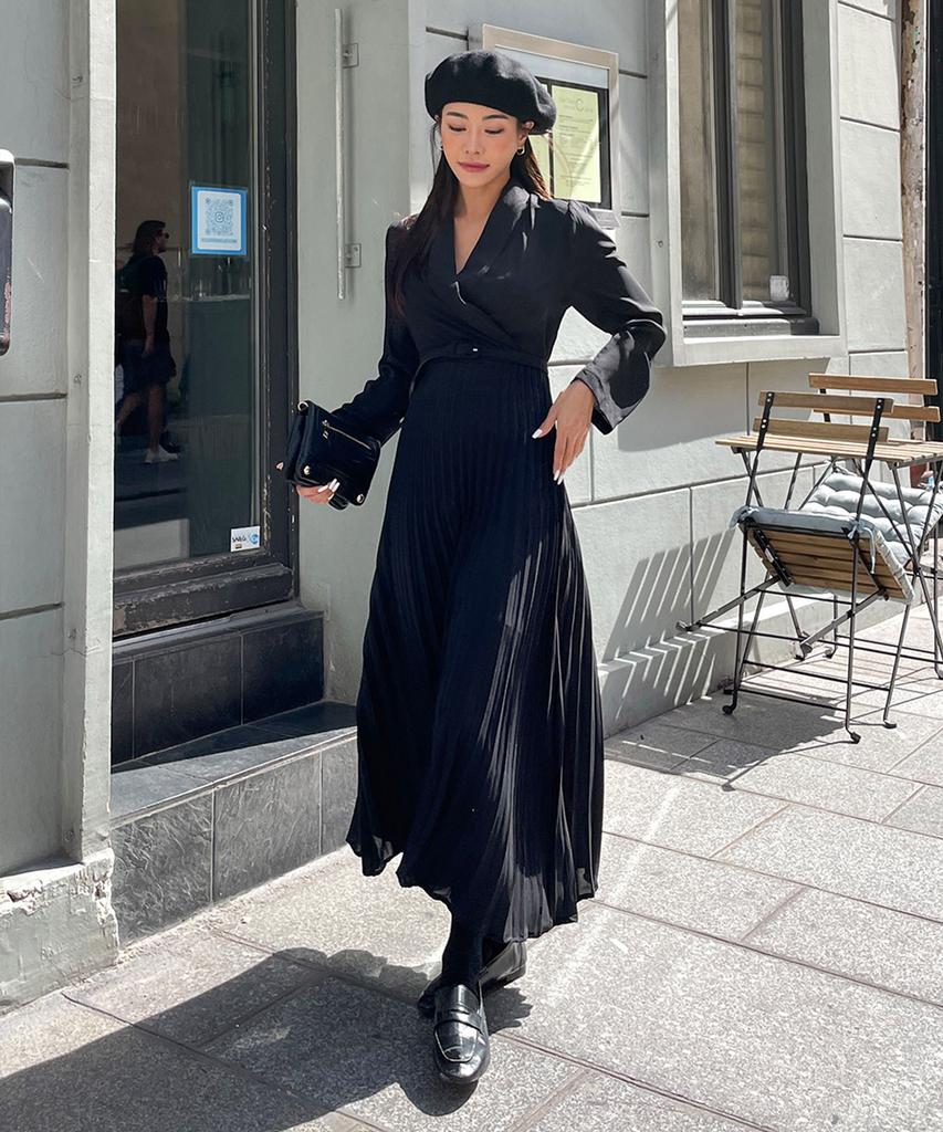 Ppaeppae Belt Set Wrap Style Pleated Long Dress