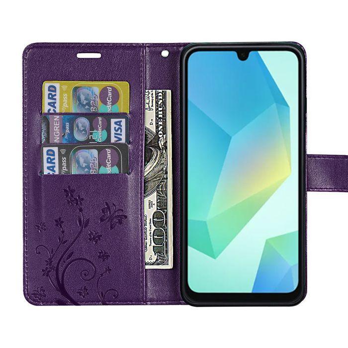 Hülle für Samsung Galaxy A16 5G/4G - BOOLING - Stoßfestes Kunstleder Dunkellila Schmetterlingsmuster