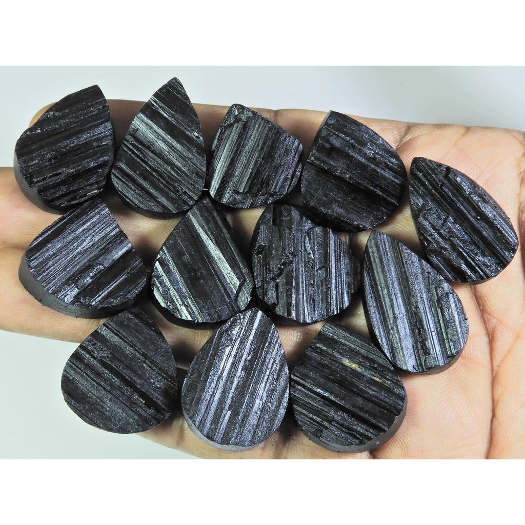 463Cts.Natural Black Tourmaline Pear Shape Cabochon Loose Gemstone 12Pcs Lot C-344