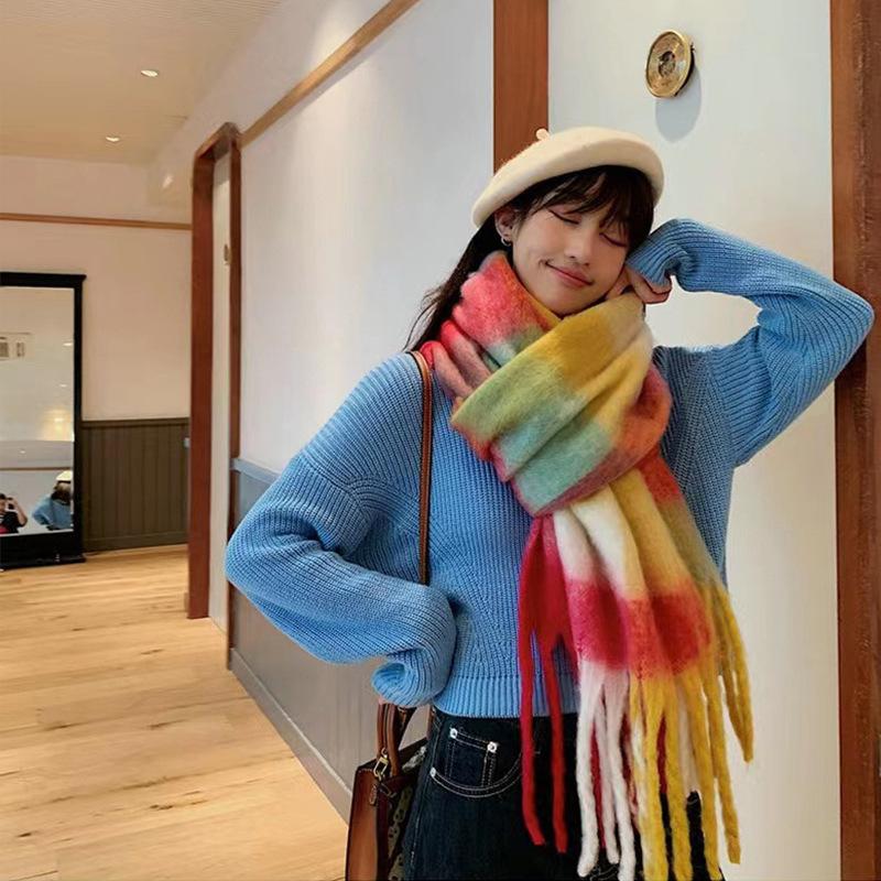 Rainbow Scarf Women's Winter Shawl Couple Colored Plaid Warm Thickened Ins Trendy Cute Girl Student Versatile