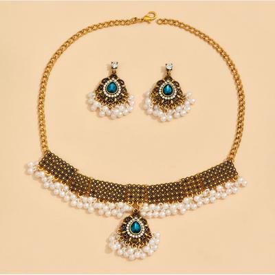 Bride, Fashion Metal Water Drop Vintage Jewel Set Pearl 2-piece Necklace Earrings Set