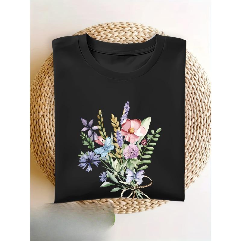 European Size Women'S Short Sleeve T-Shirt with Vibrant Floral Print - Casual Round Neck, Lightweight & Breathable for Spring/Summer,