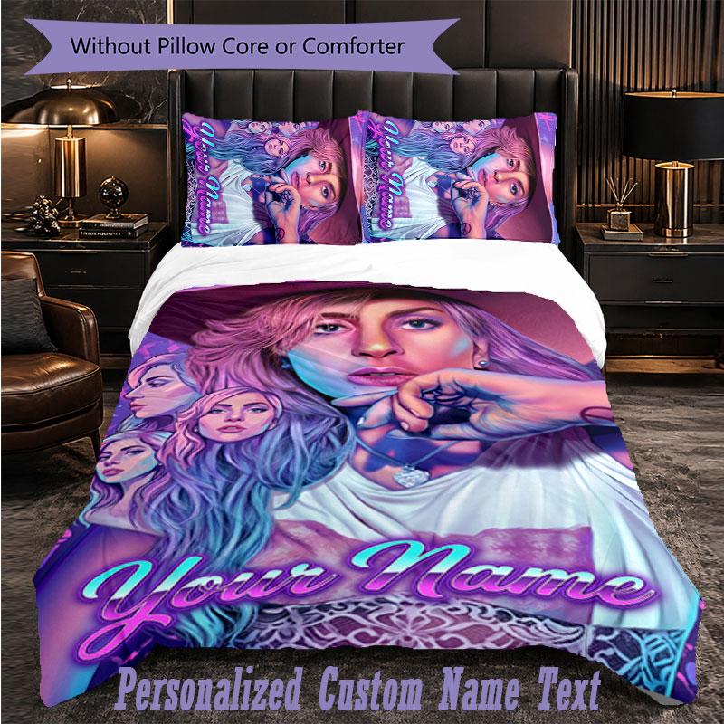 Personalisiertes 3-teiliges Bettwäsche-SetLady Gaga Benutzerdefinierter Text Bettbezug Kissenbezug Set Schlafzimmer Geschenk