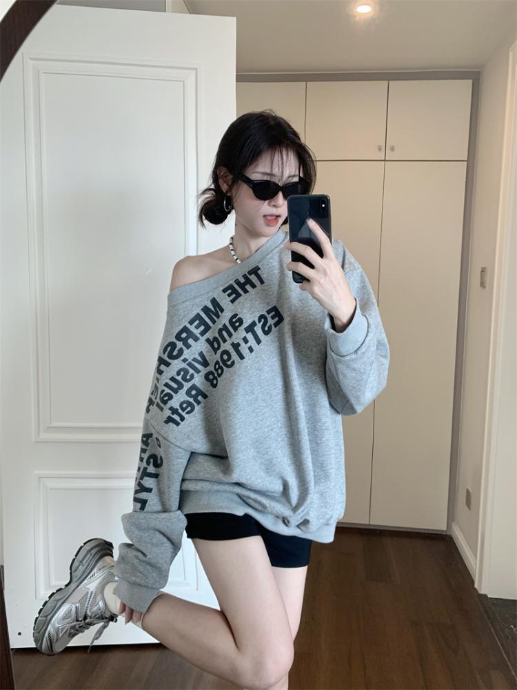 American Retro Diagonal Shoulder Loose T-shirt Women Y2k Letter Printing Design Long Sleeved Tops Autumn Korean Fashion Hight Street Casual Pullover