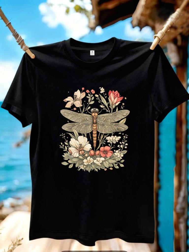 Yj01186dragonfly And Flower Print Plus Size Unisexs Tshirt Summer Casual Short Sleeve Top Fashionable Versatile Clothing